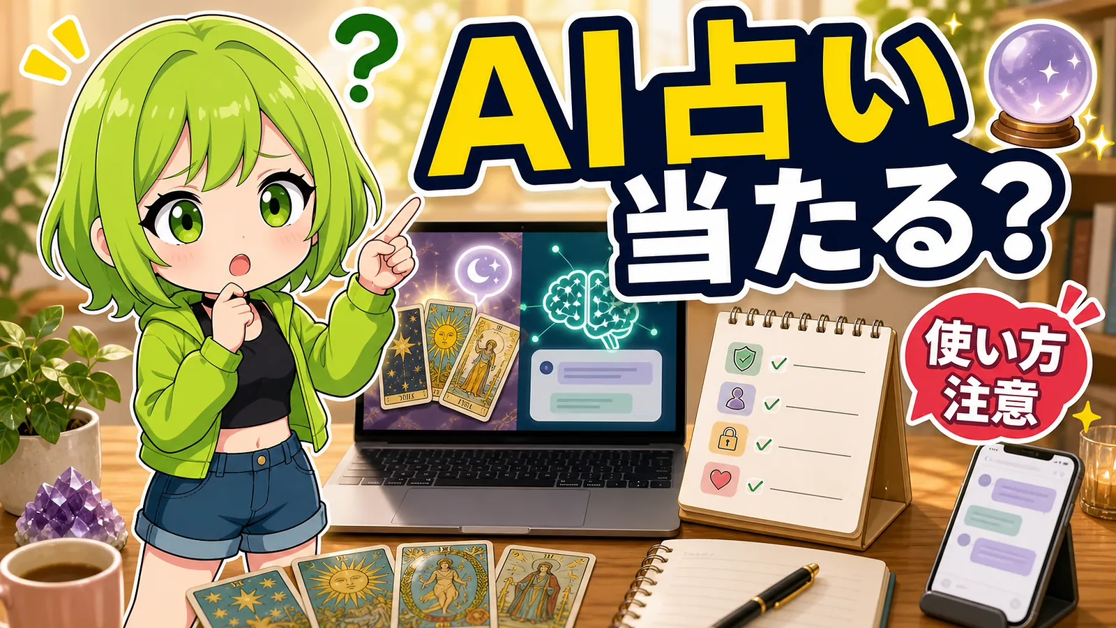 うらさん風キャラクターがAI占いは当たるのかと使い方の注意点を案内するアイキャッチ