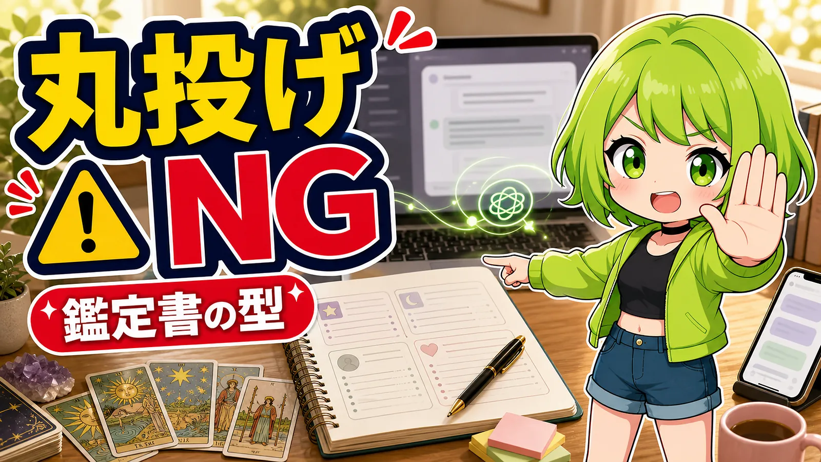 うらさん風キャラクターがAI占いプロンプトの丸投げNGと鑑定書の型を案内するアイキャッチ