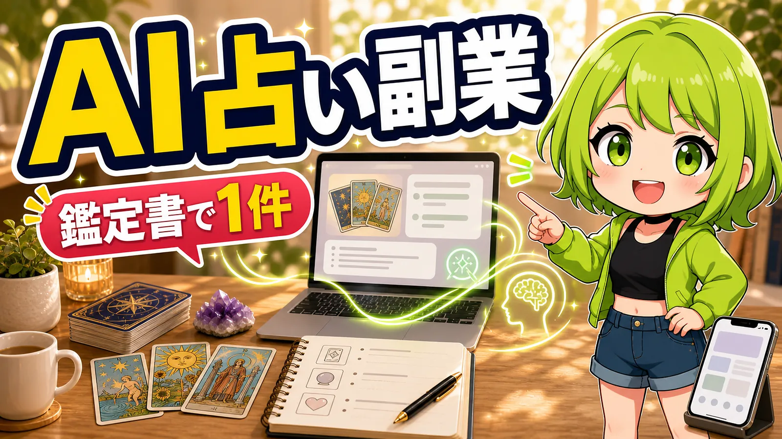 うらさん風キャラクターがAI占い副業と鑑定書作成で最初の1件を案内するアイキャッチ