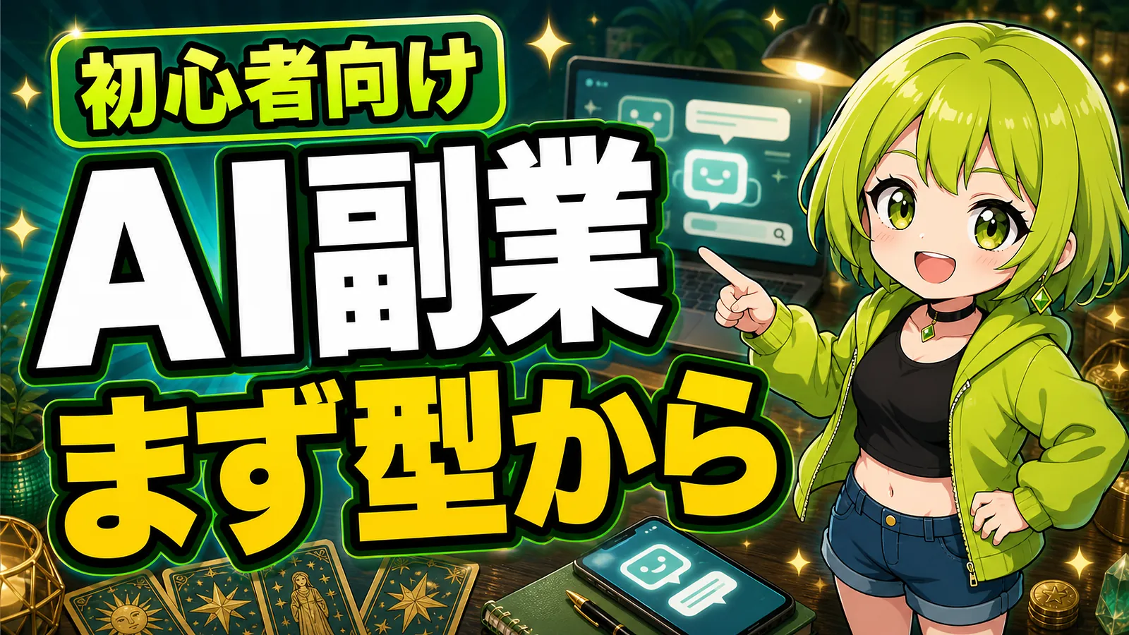 AI副業初心者向けにまず型から始めることを案内するうらさん風キャラクターのアイキャッチ画像