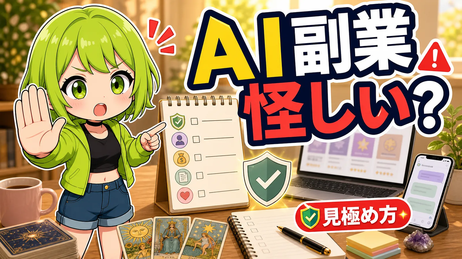 うらさん風キャラクターがAI副業が怪しいかの見極め方を案内するアイキャッチ