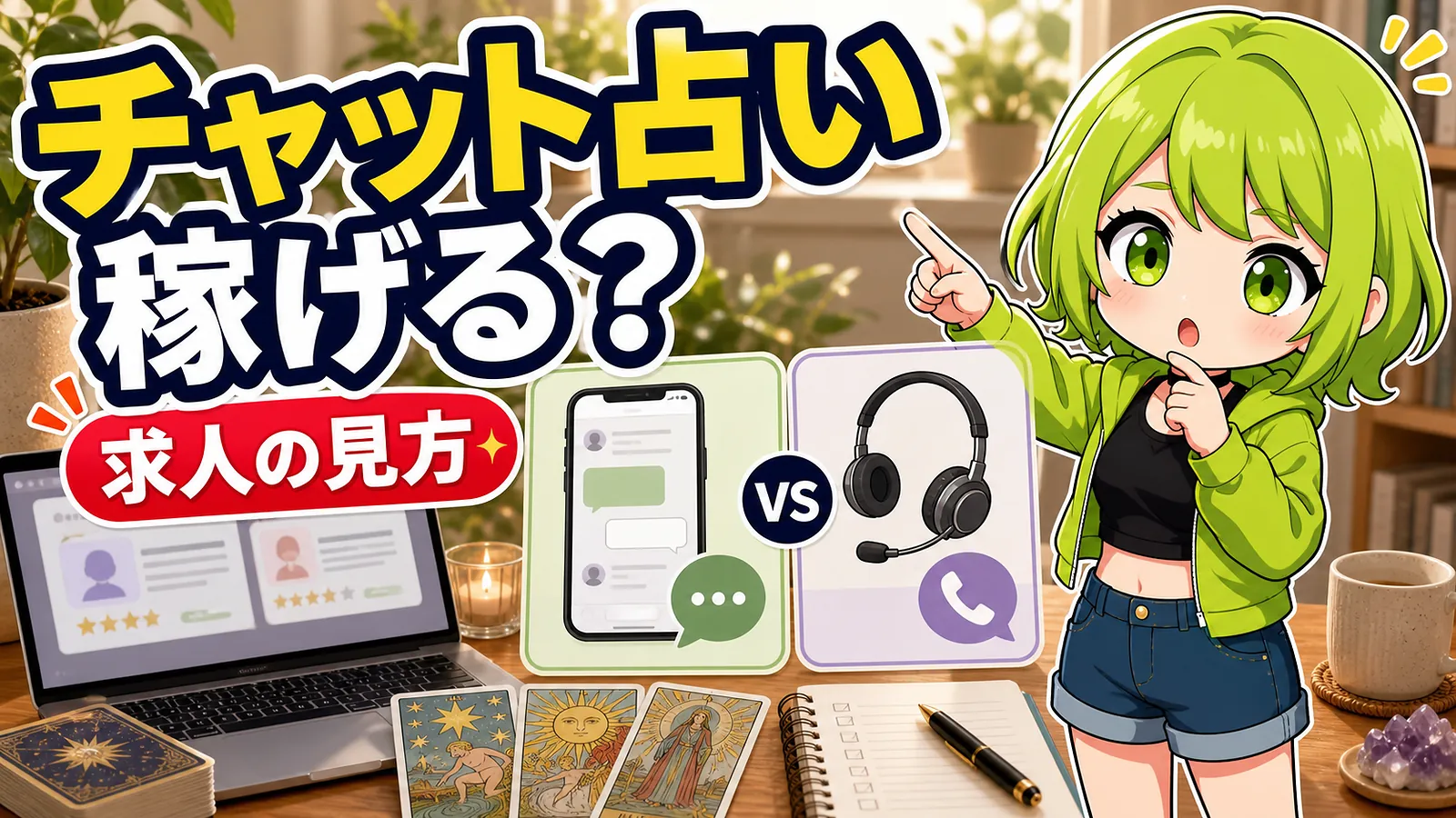 うらさん風キャラクターがチャット占い副業と求人の見方を案内するアイキャッチ