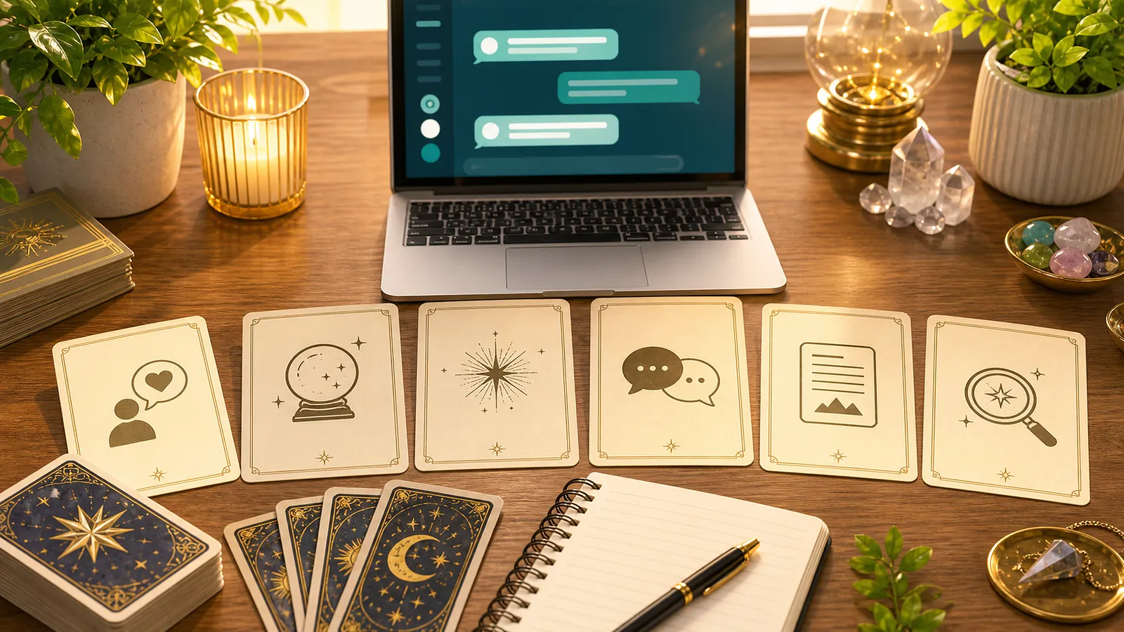 ChatGPT占いプロンプトに入れる材料をカードで整理した明るいデスク