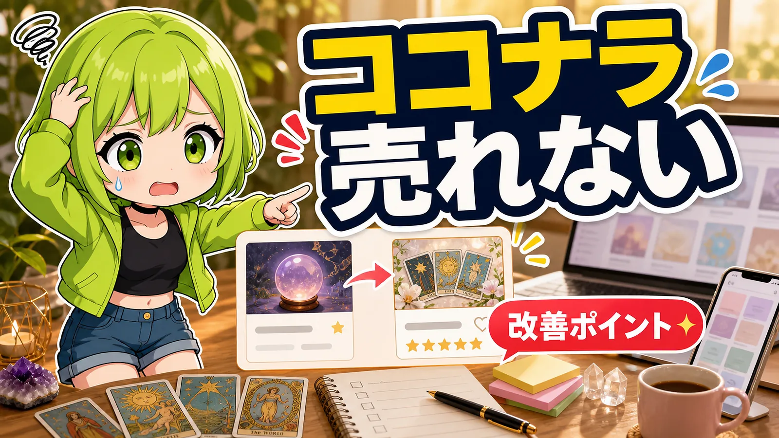 うらさん風キャラクターがココナラ占いで売れない原因と改善ポイントを案内するアイキャッチ