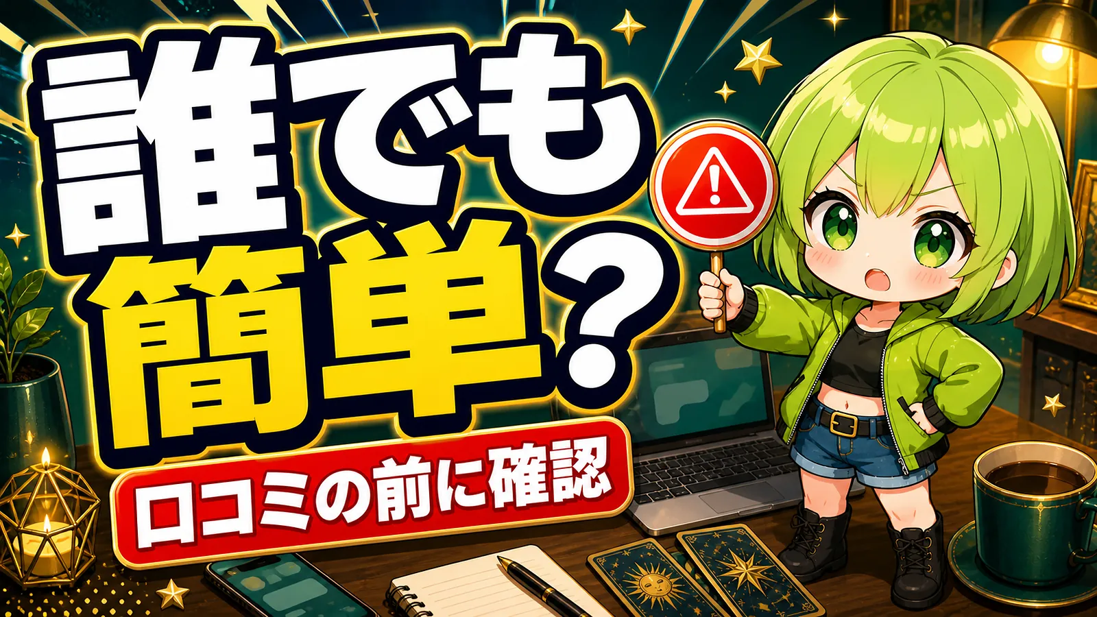 うらさん風キャラクターが誰でもできる簡単副業の口コミ前チェックを促すアイキャッチ