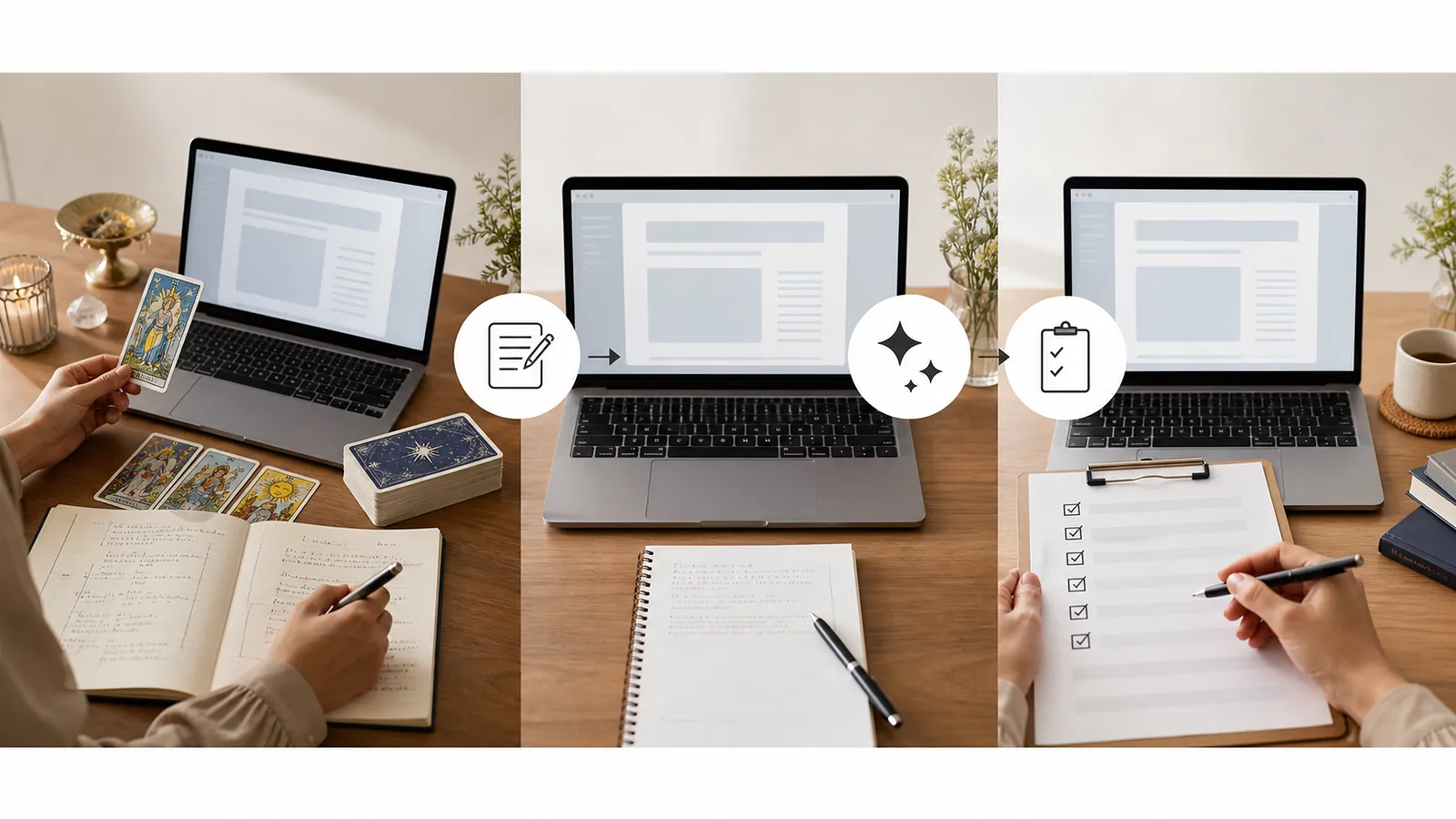 AIを使って占い鑑定書の下書きを整えるワークフローのイメージ