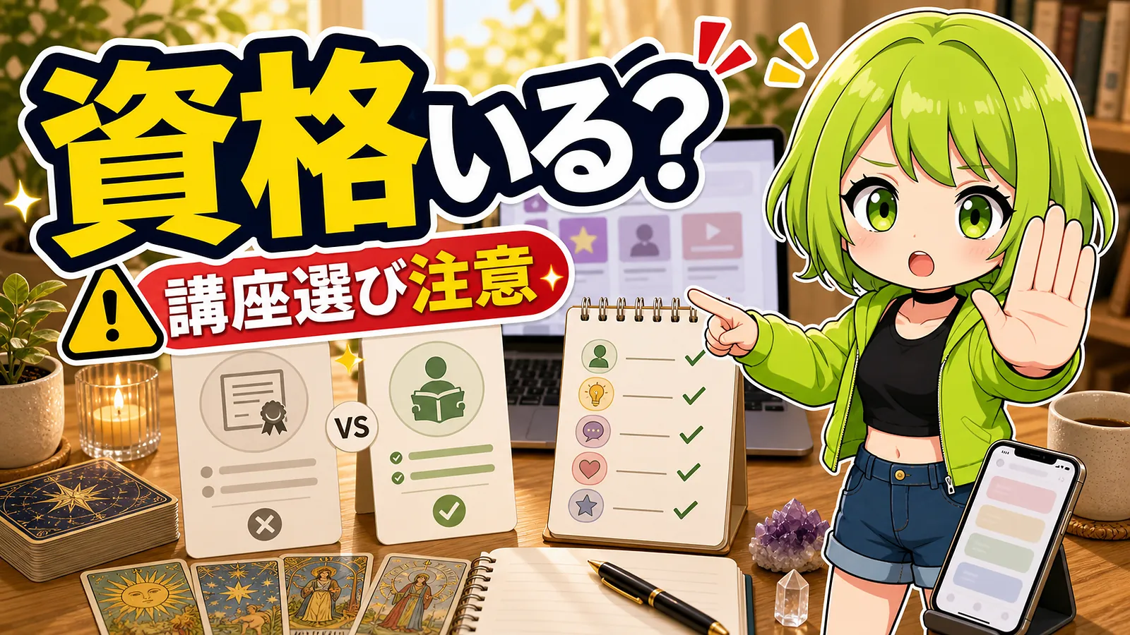 うらさん風キャラクターが占い師に資格が必要かと講座選びの注意点を案内するアイキャッチ