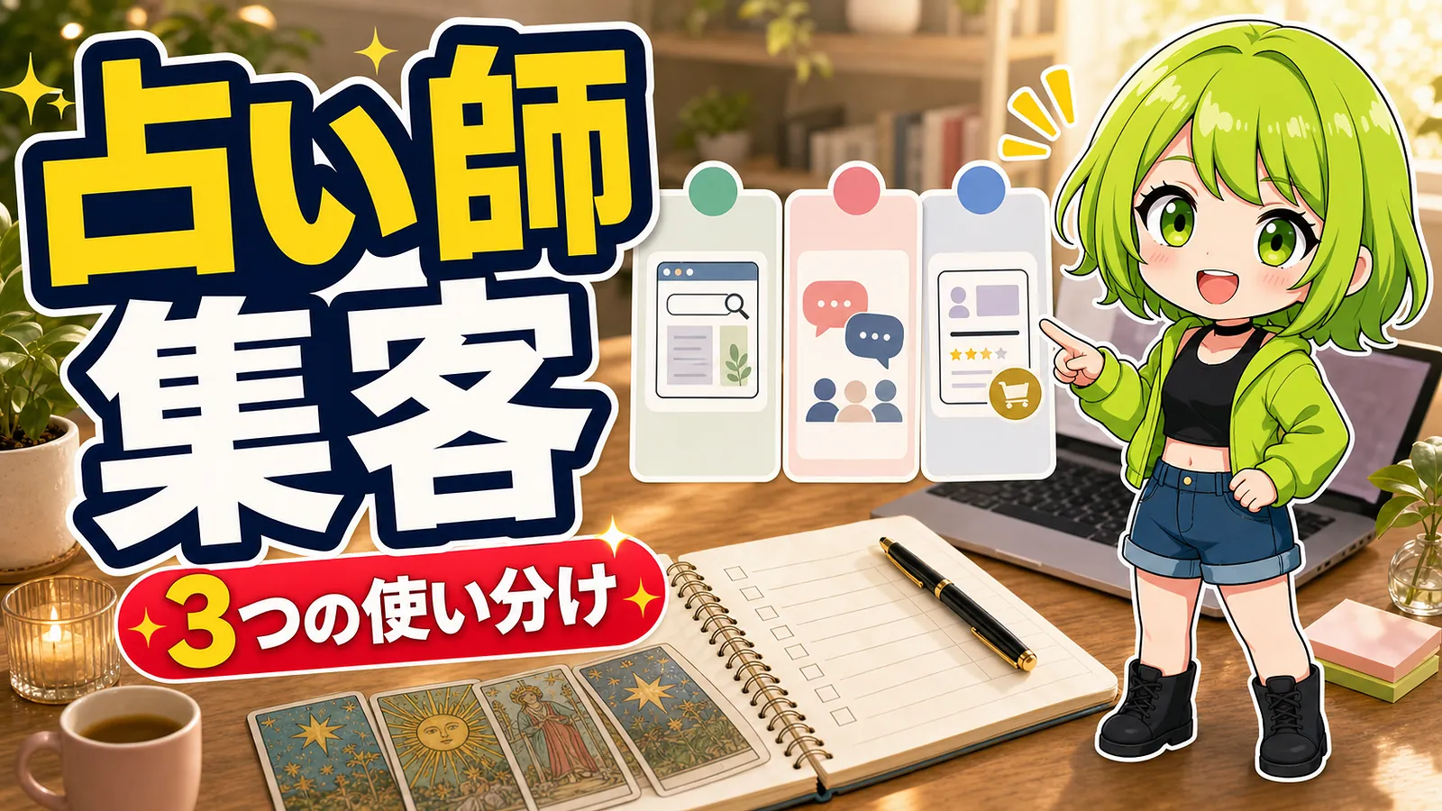 うらさん風キャラクターが占い師の集客方法と3つの使い分けを案内するアイキャッチ