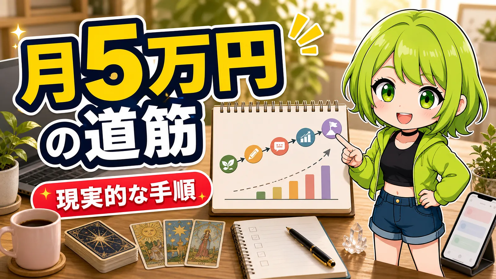うらさん風キャラクターが占い副業で月5万円を目指す現実的な道筋を案内するアイキャッチ