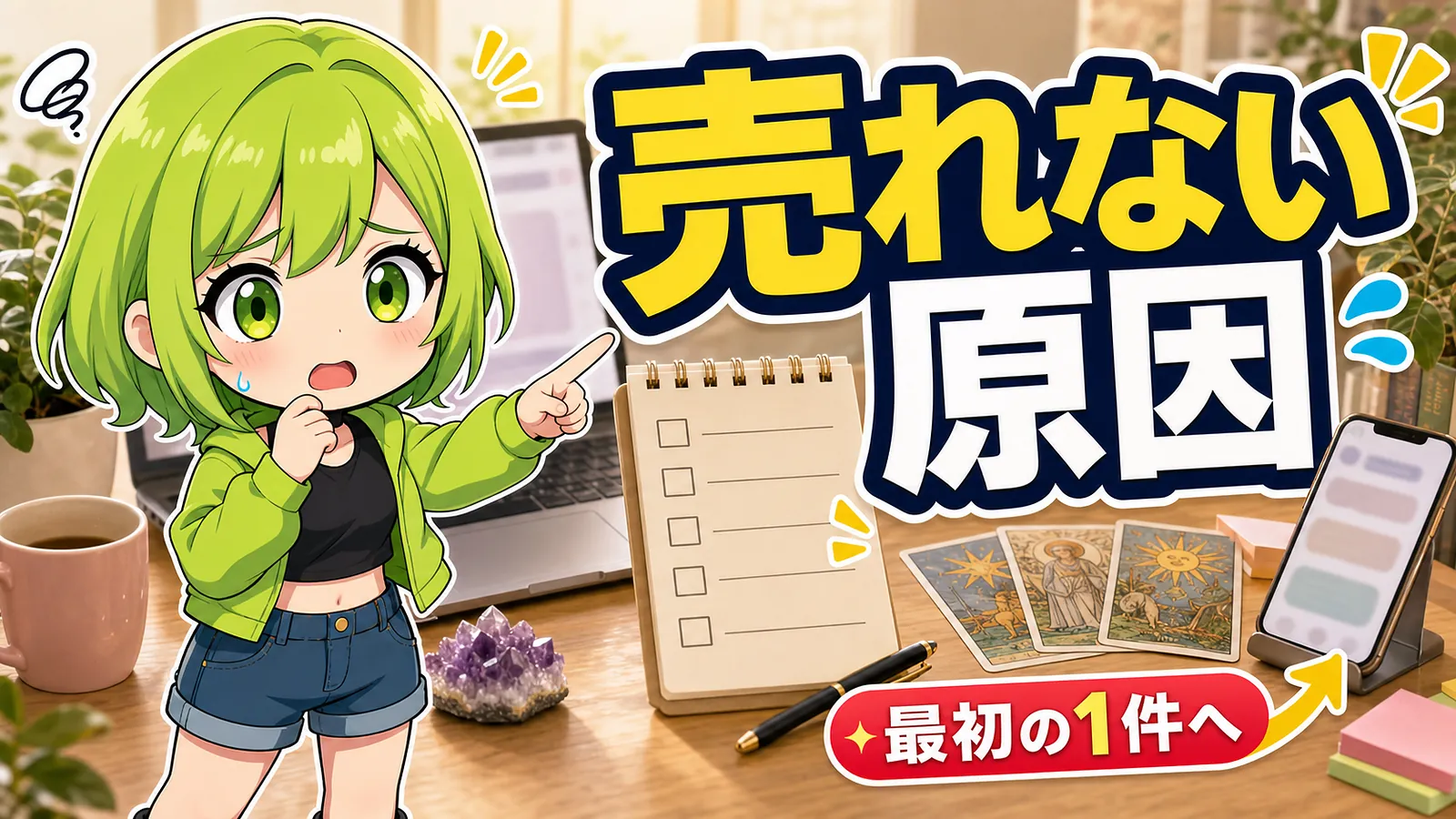 うらさん風キャラクターが占い副業で売れない原因と最初の1件への改善を案内するアイキャッチ