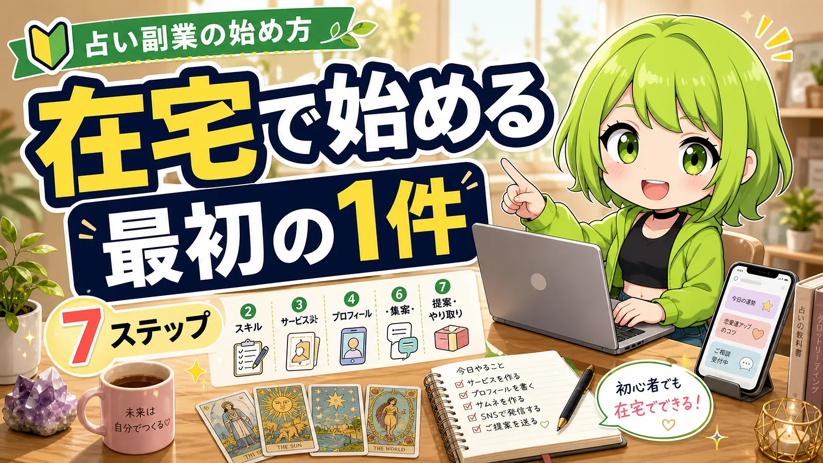 うらさん風キャラクターが占い副業を在宅で始める流れと最初の1件を案内するアイキャッチ