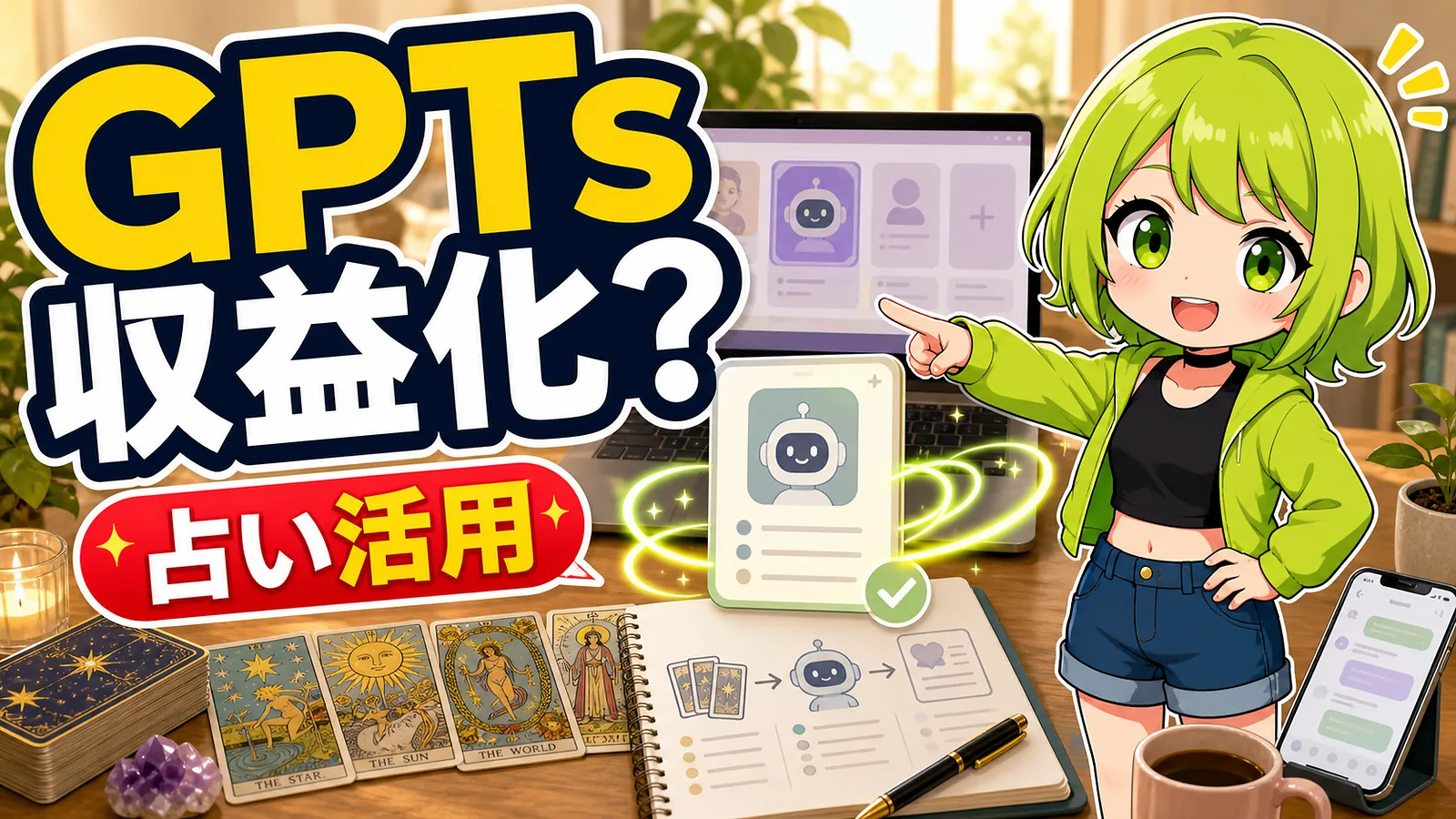 うらさん風キャラクターがGPTs収益化と占いツール活用を案内するアイキャッチ