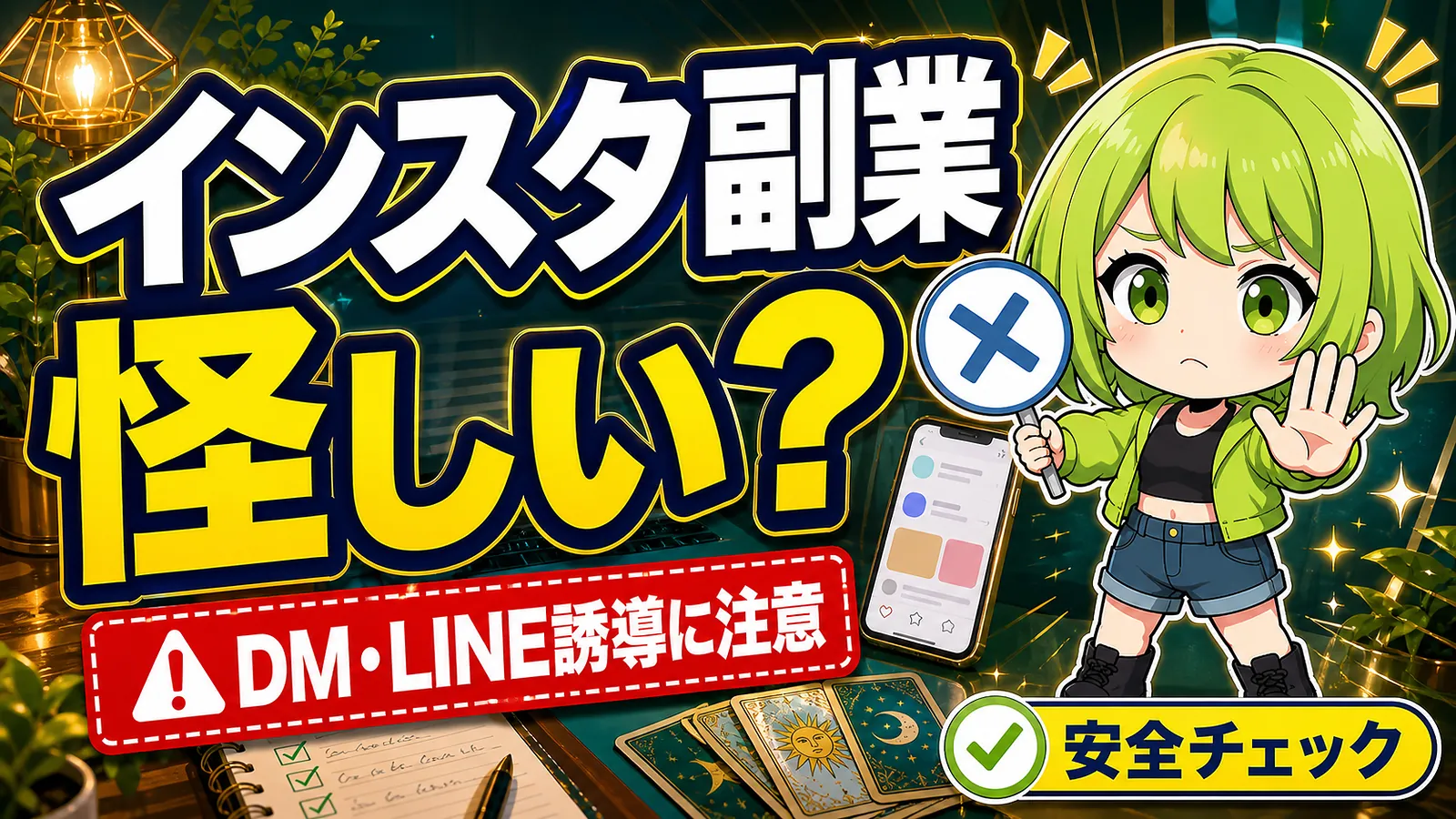 うらさん風キャラクターがインスタ副業の怪しい案件を安全チェックするアイキャッチ