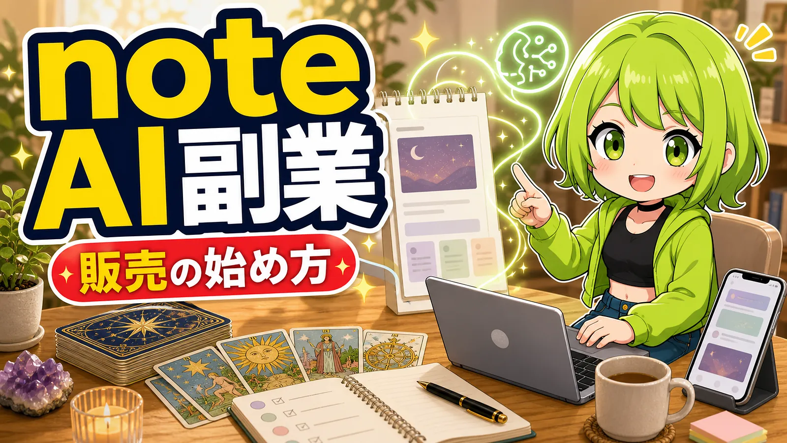 うらさん風キャラクターがnoteでAI副業と占いコンテンツ販売を始める方法を案内するアイキャッチ