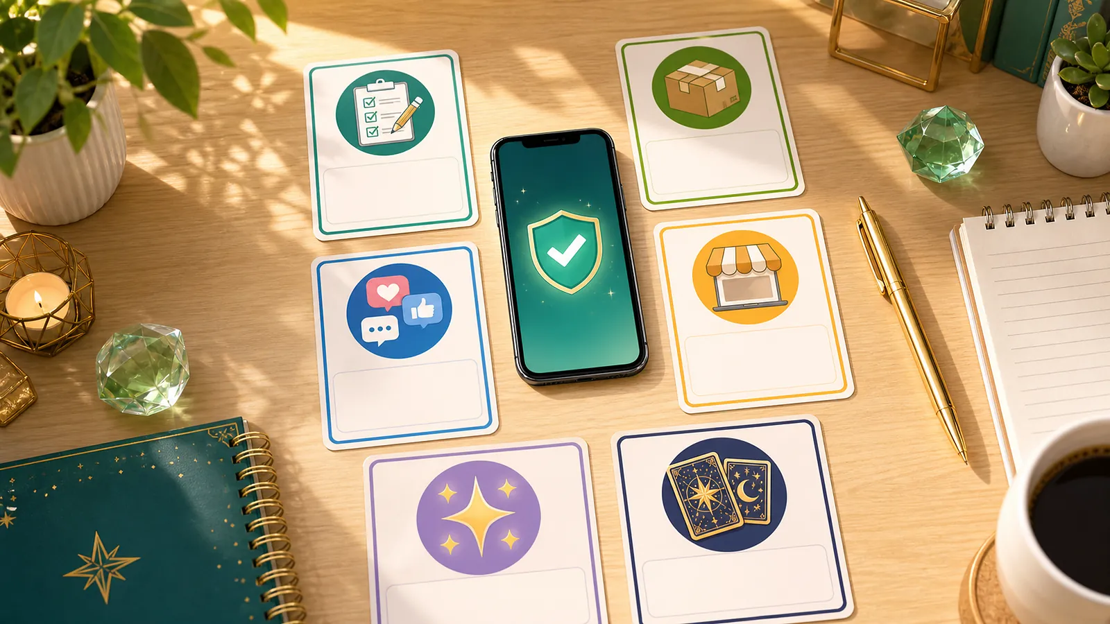 スマホで始めやすい副業候補をカードとノートで比較している明るいデスク