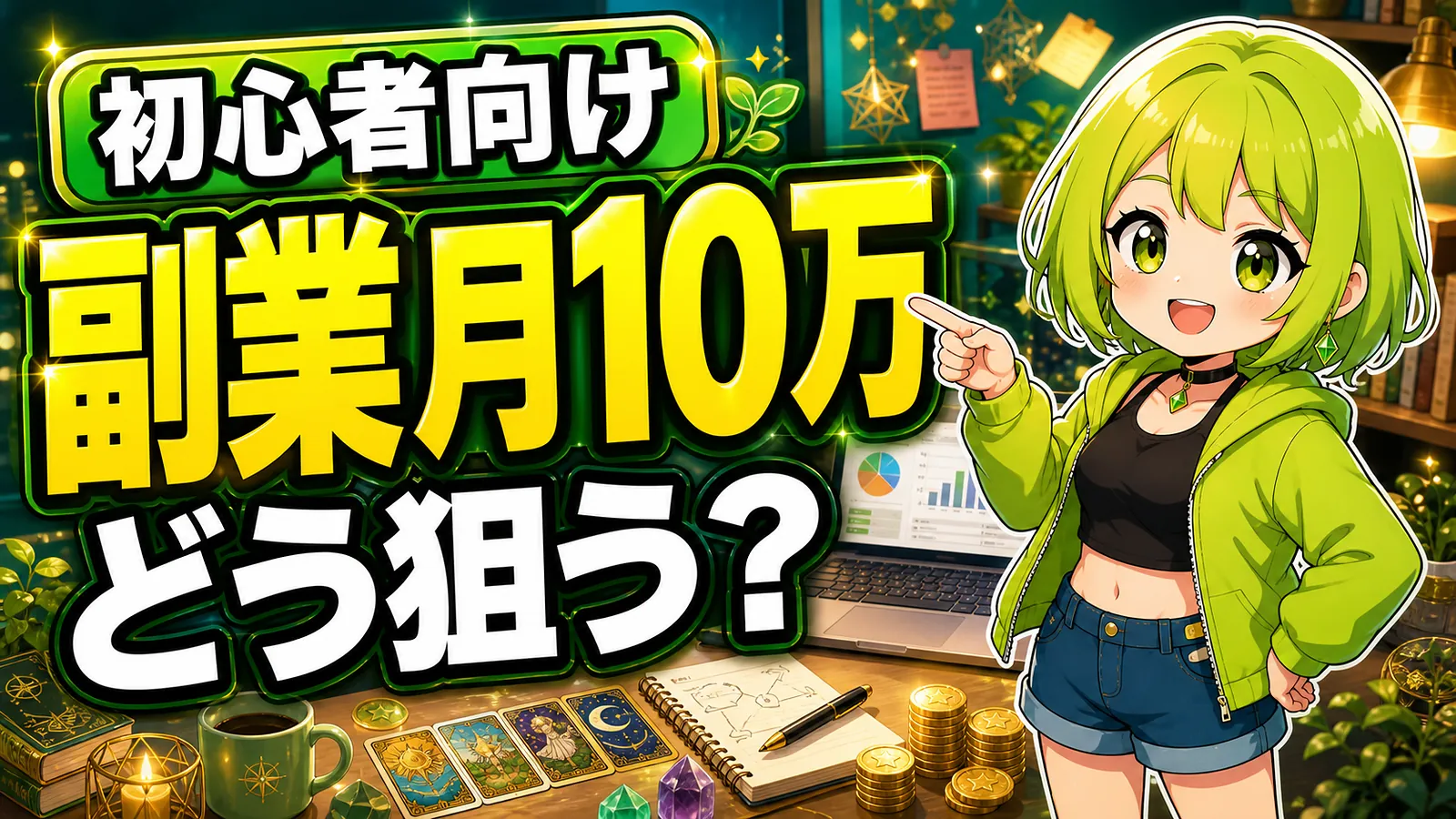 うらさん風キャラクターが副業月10万の現実ラインを案内するアイキャッチ