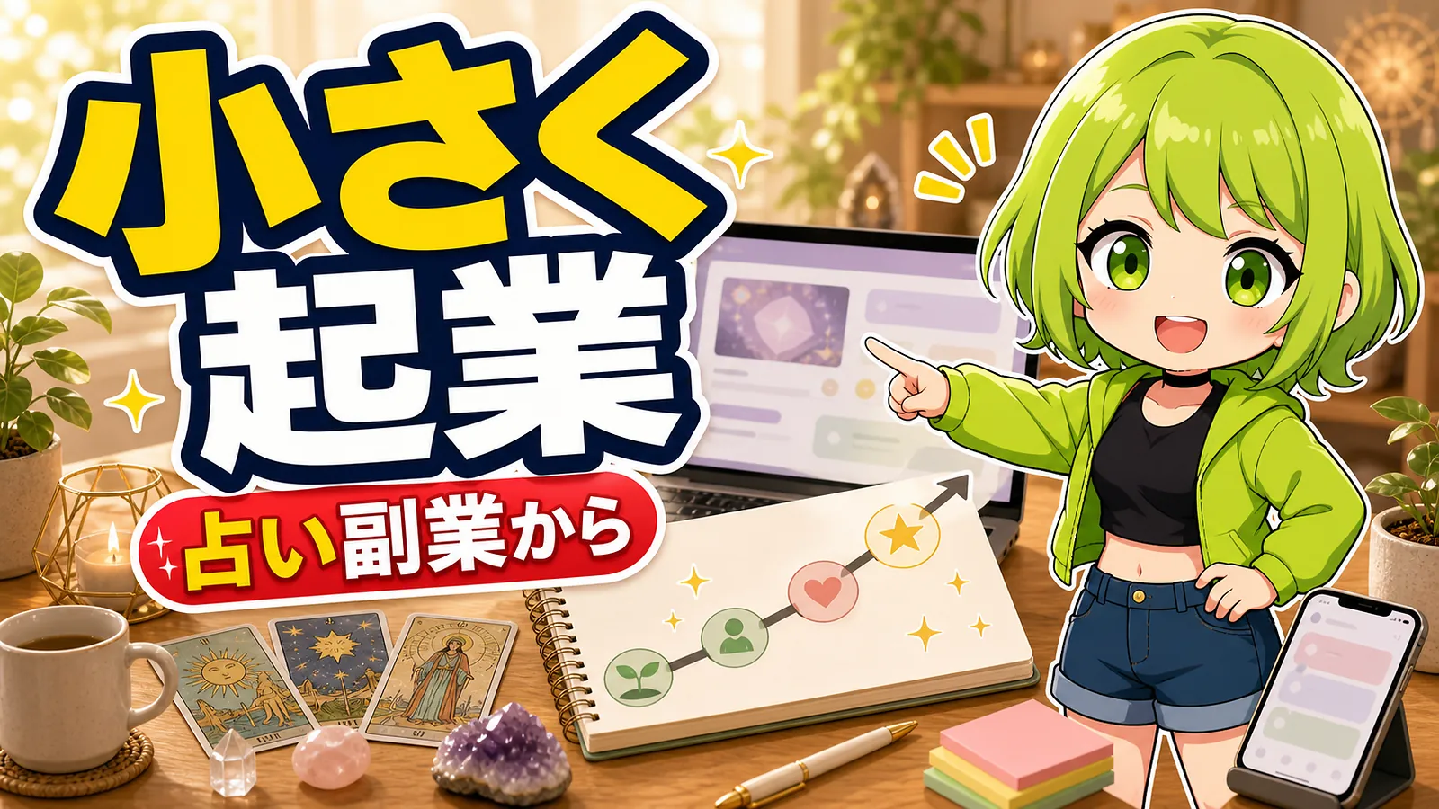 うらさん風キャラクターがスピリチュアル起業を占い副業から小さく始める手順を案内するアイキャッチ